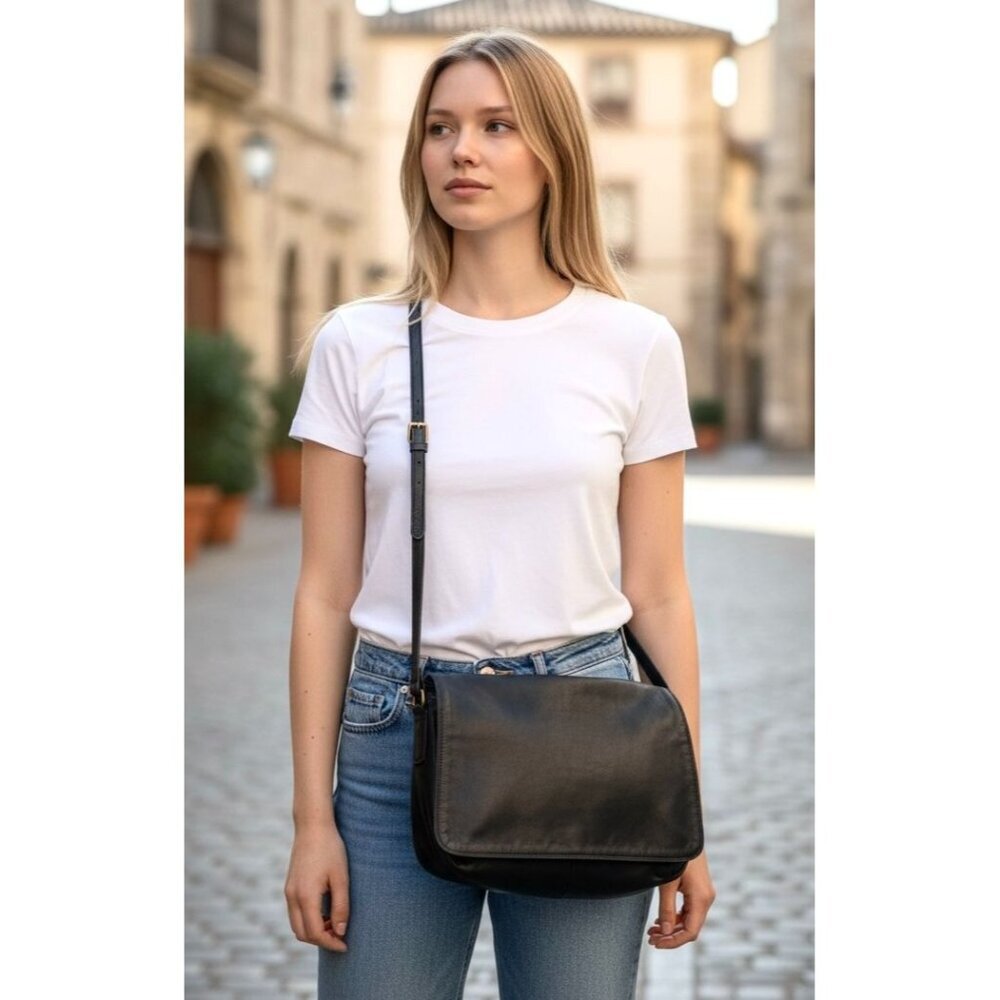 Derek Alexander Bag Half Flap Multiple Pocket Black Leather Crossbody Purse